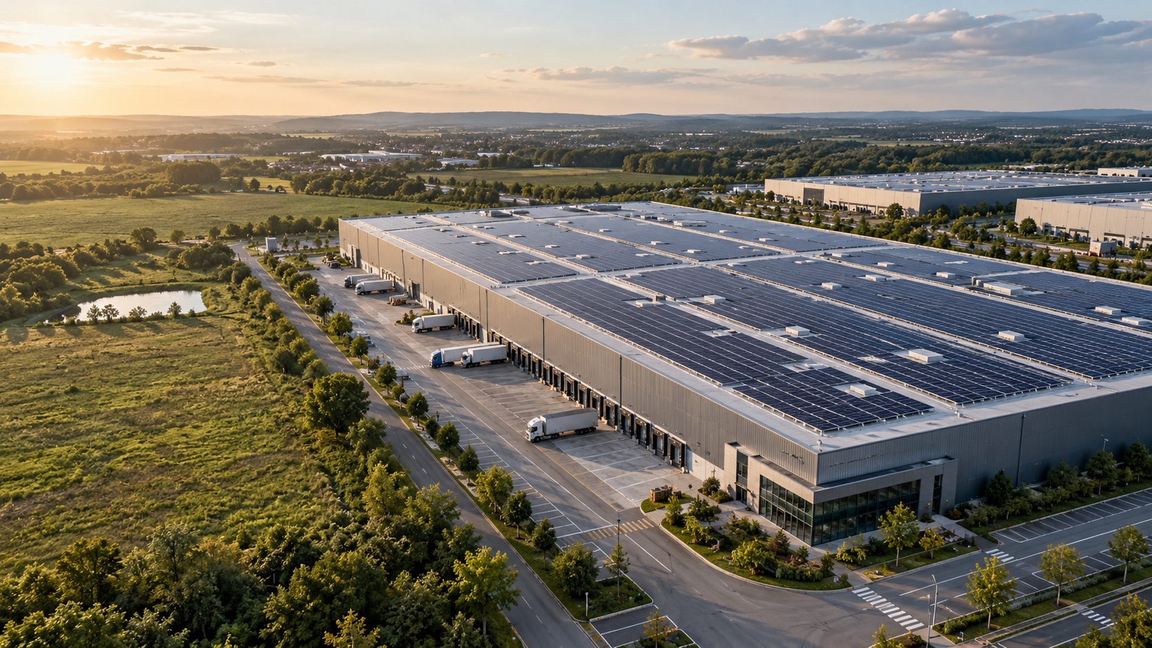 Vue d’ambiance d’une toiture industrielle équipée de panneaux photovoltaïques